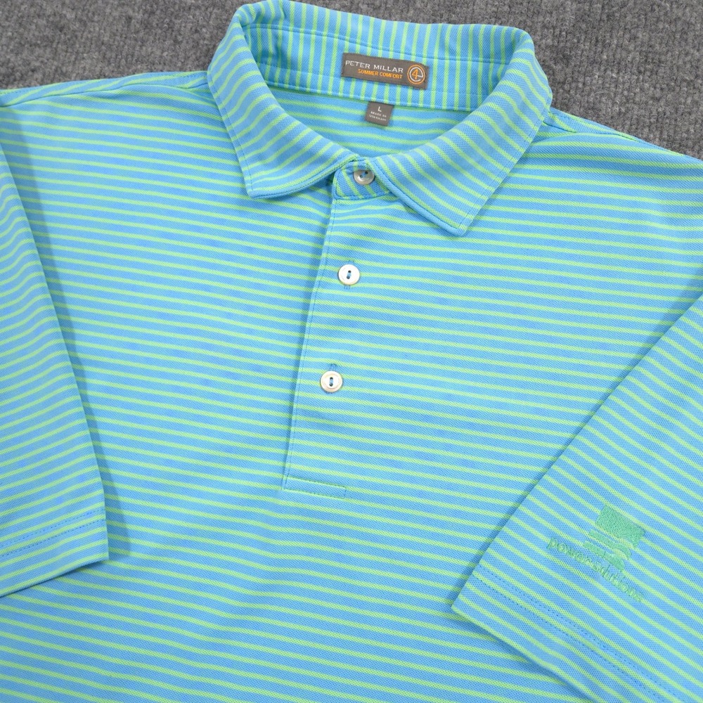 Peter Millar Summer Comfort Polo Shirt Mens Large Blue Green Striped Pique Golf
